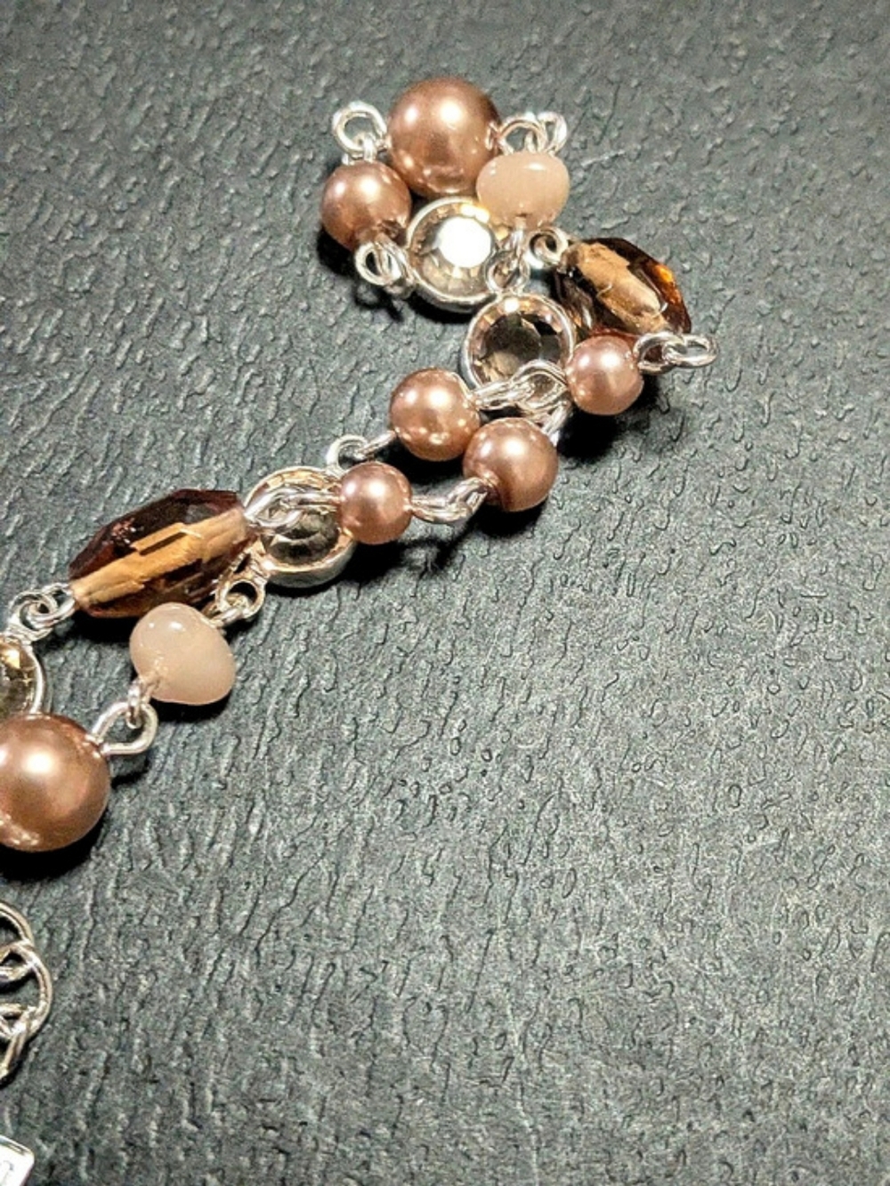 Vtg NAPIER Beaded Necklace Peach Faux Pearl Amber Crystal Silver Tone Signed - Picture 6 of 8
